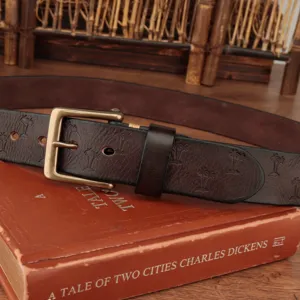 Retro embossed men's leather belt with vintage brass buckle and palm tree pattern for daily.