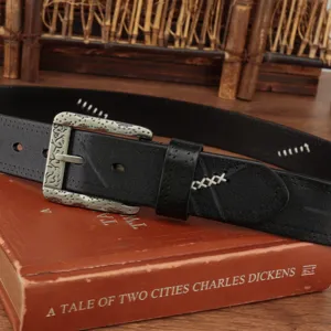 Genuine leather belt detail shot, vintage metal buckle, casual men fashion accessory style.