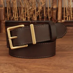 Close-up detail of genuine leather belt showing high-quality stitching and brass buckle