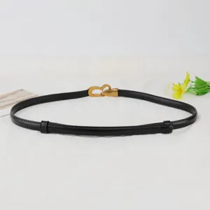 Summer new women genuine leather thin belt with vintage gold buckle versatile for dress coat