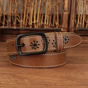 Women Vintage Top Grain Cowhide Leather Belt Floral Embroidery Hollow-out Design Matte Black Pin Buckle Waist Belt