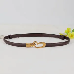 Women genuine leather belt with heart metal buckle versatile stylish brown dress waist band
