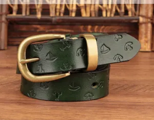 Cinturón de cuero genuino verde oscuro vintage para mujer con hebilla y relieve