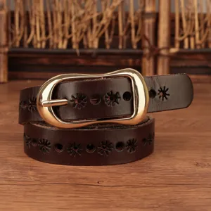Cintura in Vera Pelle da Donna Traforato Motivo Floreale Fibbia in Metallo Vintage Casual Cintura in Vita per Jeans e Abiti