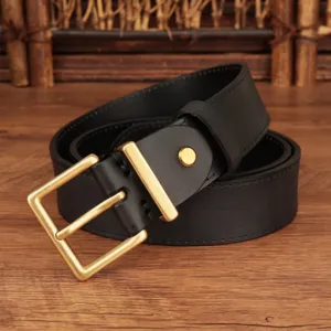 Close-up of classic square brass buckle and premium black top grain leather belt