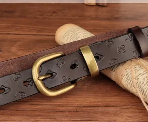 Cinturón de cuero vacuno genuino vintage para mujer vaqueros casuales patrón ancla detalle