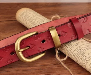 Elegante cinturón de cuero genuino vintage para mujer, piel de vacuno con patrón en relieve único.