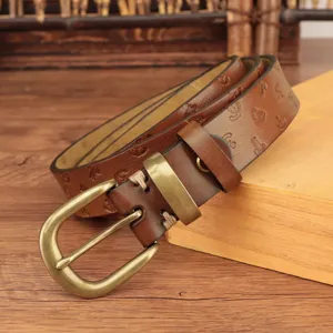 Cinturon de cuero genuino para mujer estilo retro con hebilla de pasador patron grabado principal