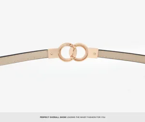 Women's thin waist belt with elegant interlocking double ring buckle for dresses fashion chic.