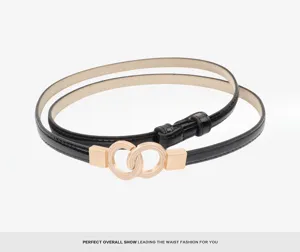 Women thin patent leather belt with metal interlocking buckle, simple versatile dress waist chain.