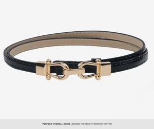 Black patent leather thin belt for women fashion dress suit waist strap gold metal buckle