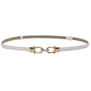 White thin leather belt for women, stylish gold metal buckle for dresses and suits.