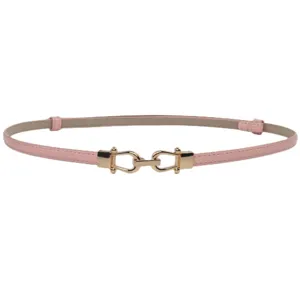 Pink thin leather belt for women, elegant gold metal buckle, stylish accessory for dress shirt suit.