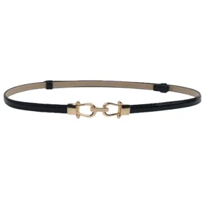 Women black patent leather thin belt with gold metal buckle for dresses and suits main view