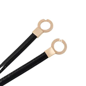 Women black patent leather thin belt with gold circular buckle chic dress waist accessory