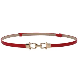 Red patent leather thin belt for women, elegant gold buckle waist accessory for dress.