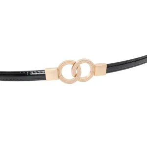 Women thin black patent leather belt with gold double ring buckle stylish dress waist chain