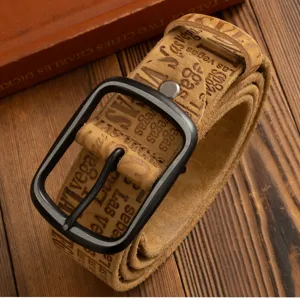 Vintage men's leather belt with metal square buckle, embossed casual jeans strap for daily wear.
