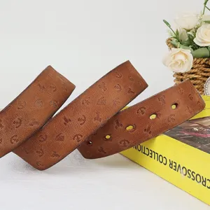 Retro genuine leather embossed belt for women vintage brown cowhide waist strap chic