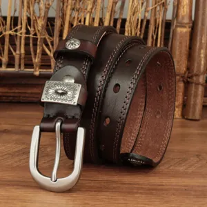 Vintage women leather belt, stylish pin buckle casual belt for jeans, retro decorative waist strap.