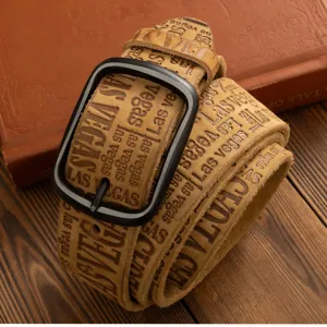 Vintage embossed men leather belt with metal buckle retro style casual jeans accessory
