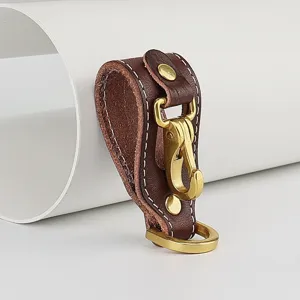 Genuine leather belt loop keychain with brass hook and D-ring for men's daily use.