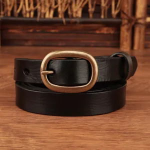 Women's black leather belt with classic oval metal buckle, minimalist casual waist belt.