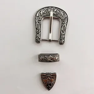 Vintage zinc alloy floral engraved belt buckle three piece set inner diameter 24mm western
