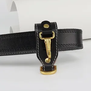 Top grain cowhide leather belt key holder hook for men black metal hardware detail shot.