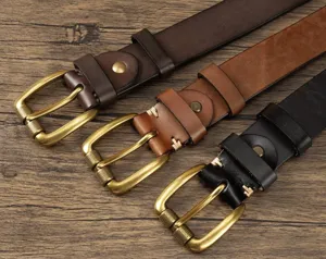 Men's retro leather belt with vintage brass buckle casual trousers strap accessory