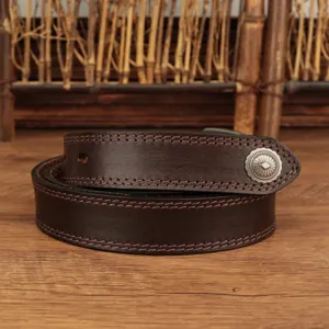 Vintage dark brown leather belt with metal concho and double stitching for women denim pants