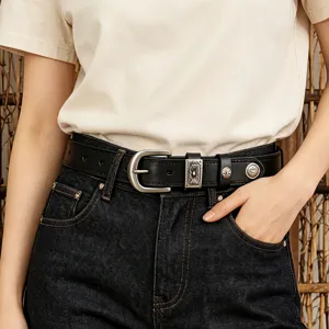 Women vintage black leather belt with stylish silver metal pin buckle and decorative studs.