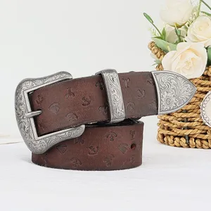 Retro genuine leather women belt with carved metal buckle embossed vintage waist strap detail