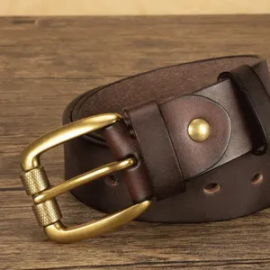 Vintage dark brown men's leather belt with retro brass metal roller buckle main view.