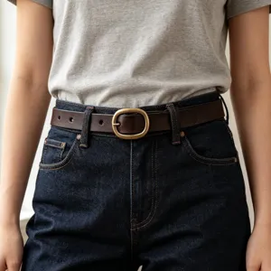 Close-up detail of the brown leather belt with metal oval buckle on blue denim jeans.