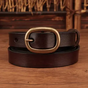 Close-up detail of the dark brown leather belt featuring a vintage brass oval buckle.