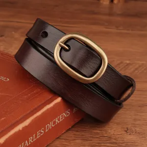 Retro dark brown leather belt with brass oval buckle, vintage casual waist belt for women daily wear.