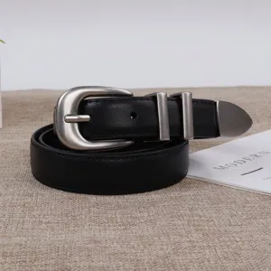 Black leather belt with vintage silver horseshoe buckle and metal tip for women jeans.