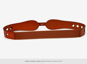 Women's wide leather elastic waist belt, stylish brown cinch dress accessory with punch holes.