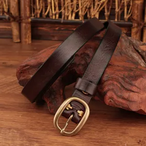 Dark brown genuine leather belt with vintage brass buckle, close-up detail shot.