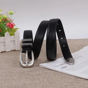 Women's black leather belt with horseshoe buckle, stylish casual waist strap for jeans.