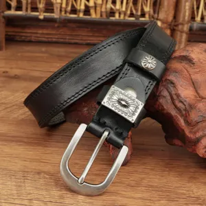 Women vintage black leather belt stylish retro metal pin buckle jeans accessory for daily wear