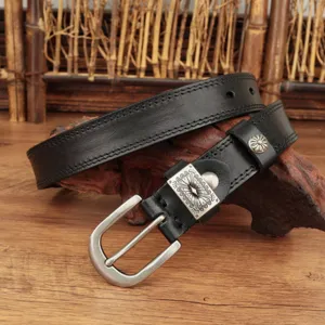 Women vintage black leather belt with carved metal pin buckle casual jeans accessory