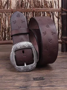 Detailed view of dark brown leather belt with retro zinc alloy carved pin buckle 38mm.