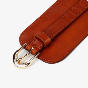 Leather belt detail, wide waist cincher buckle close-up view, retro style accessory for dress.