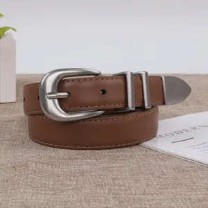 Women brown leather belt with retro silver horseshoe buckle casual jeans waist belt stylish.