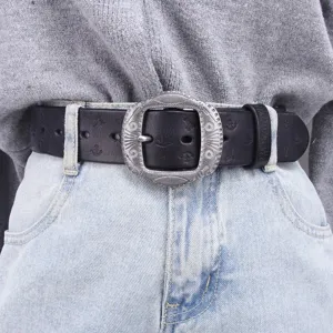 Retro zinc alloy pin buckle leather belt with carved buckle design, classic 38mm.