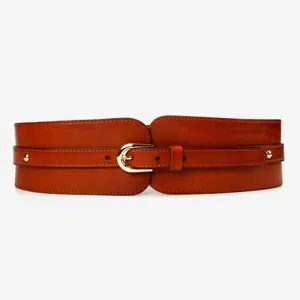Vintage wide leather belt for women, stylish brown waist cincher for dresses and coats.