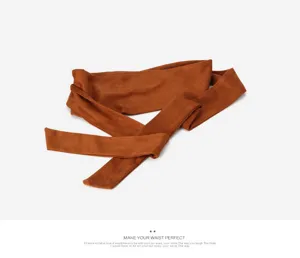 Japanese retro fabric waist belt detail, brown suede texture cincher for dresses and skirts.