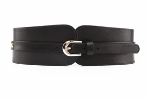 Women vintage wide elastic waist belt with gold buckle faux leather dress accessory detail